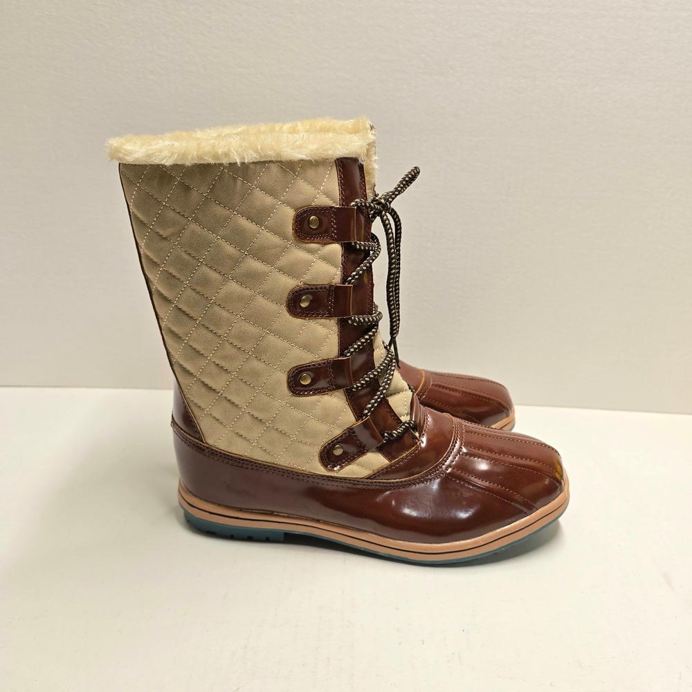 Cushion Walk by Avon Womens Quilted Duck Boots Brown Tan Faux Fur Trim Size 9